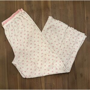 Messy Bun Just Chillin Pink Bow Pointelle Pajama Pants White 100% Cotton Large